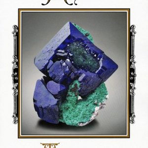 Azurite on malachite, 5.4 cm, Milpillas mine, Cutitaca, Sonora, Mexico. Daniel Trinchillo specimen. James Elliott photo.